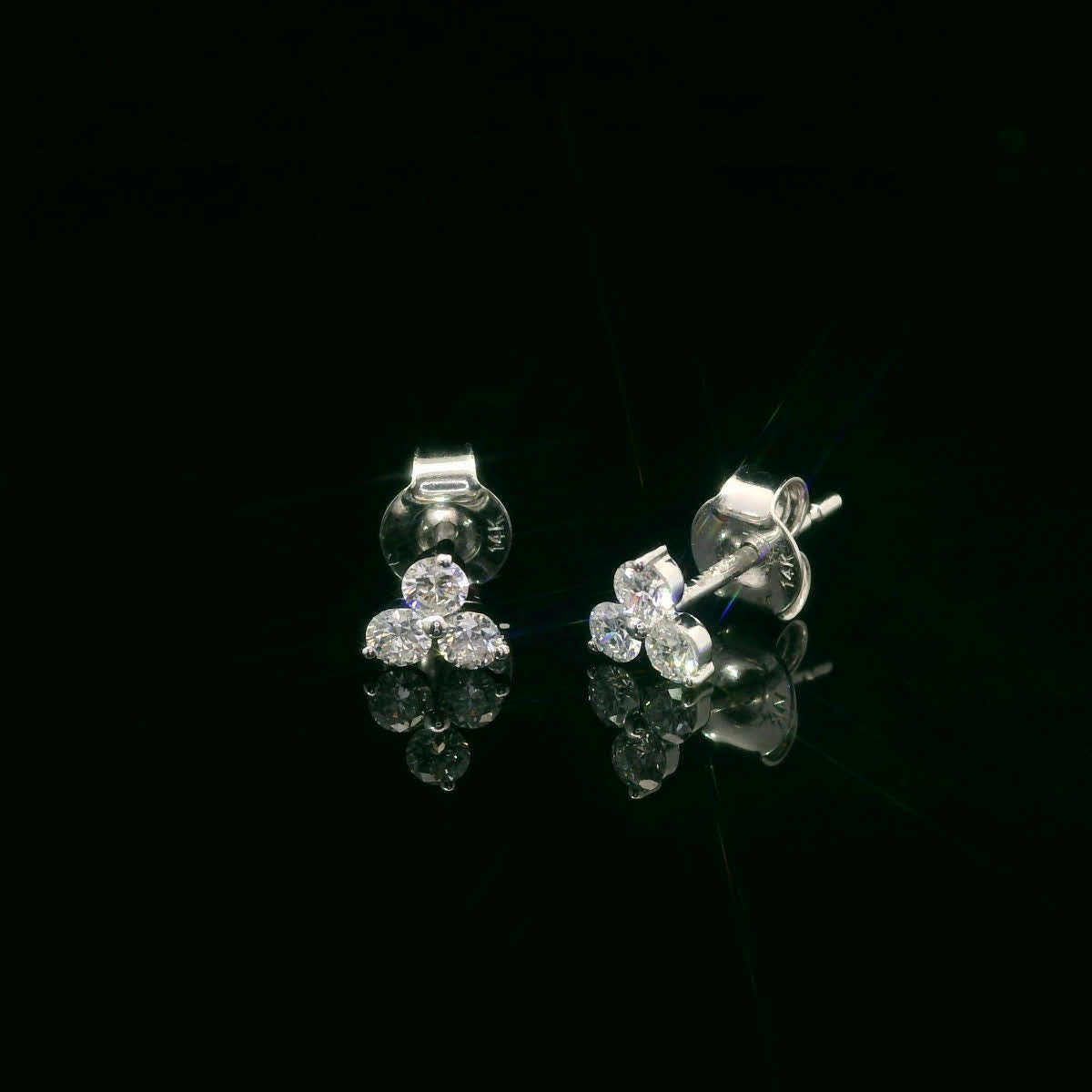 14K Gold - Three Diamonds Triangle Shape Earrings 0.36 Carat
