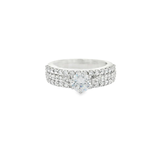 Brilliant Round-Cut Diamond Ring with three rows small diamonds (0.79 Carat)