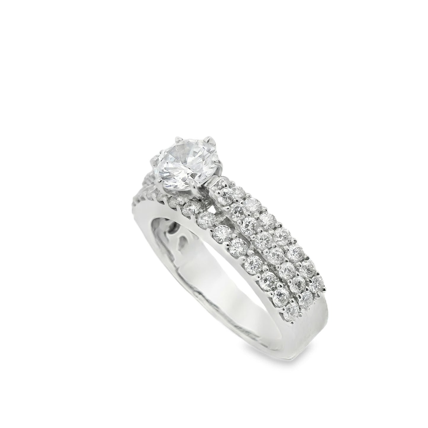 Brilliant Round-Cut Diamond Ring with three rows small diamonds (0.79 Carat)