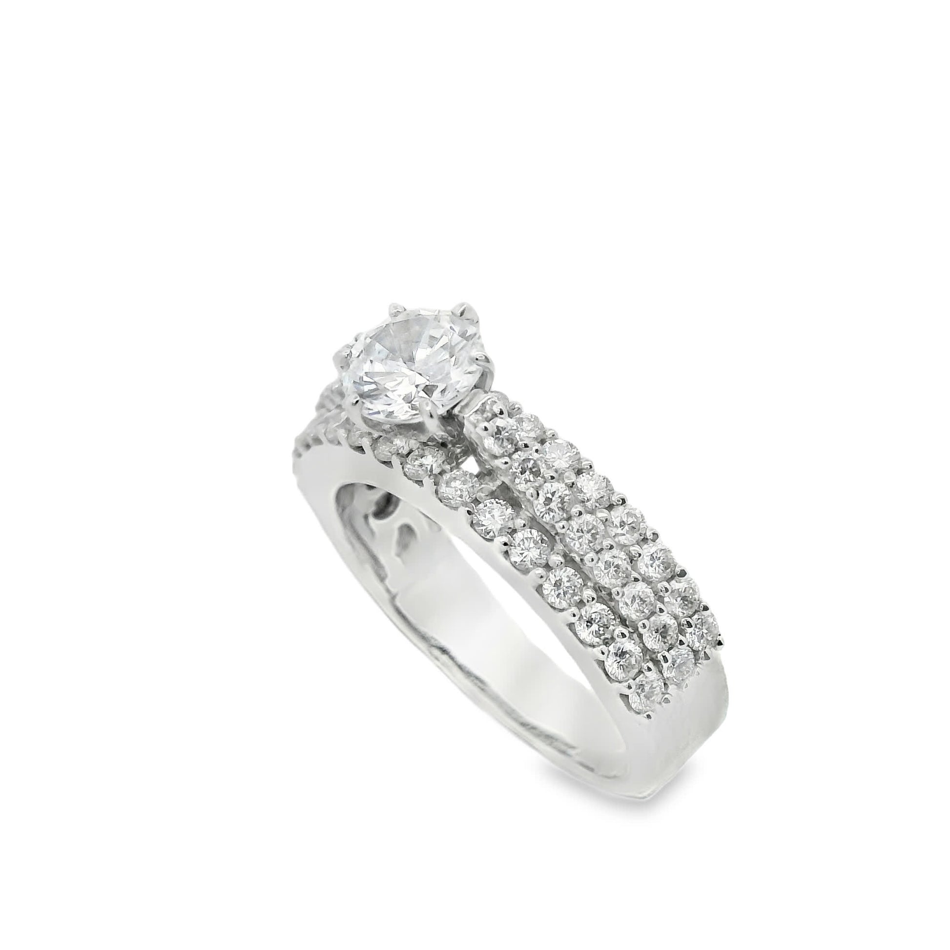Brilliant Round-Cut Diamond Ring with three rows small diamonds (0.79 Carat)