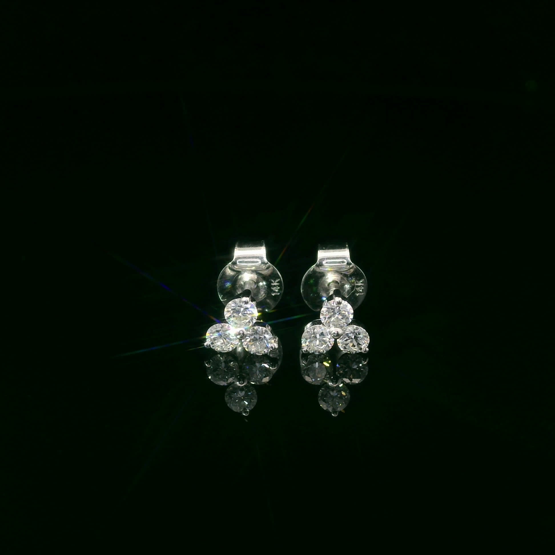 14K Gold - Three Diamonds Triangle Shape Earrings 0.36 Carat