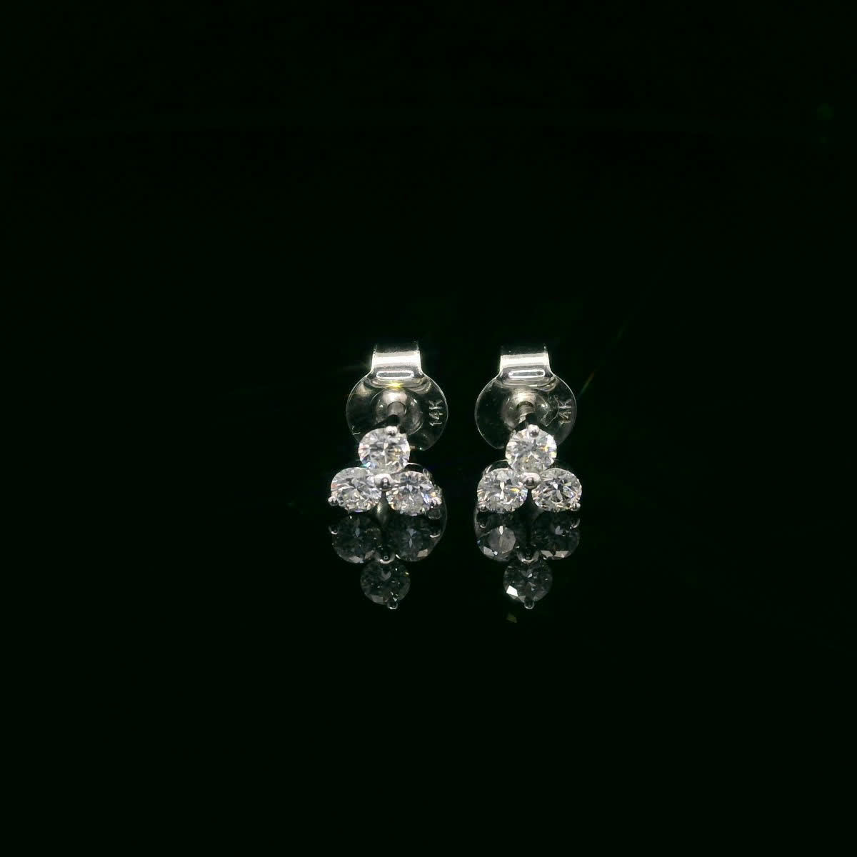 14K Gold - Three Diamonds Triangle Shape Earrings 0.36 Carat