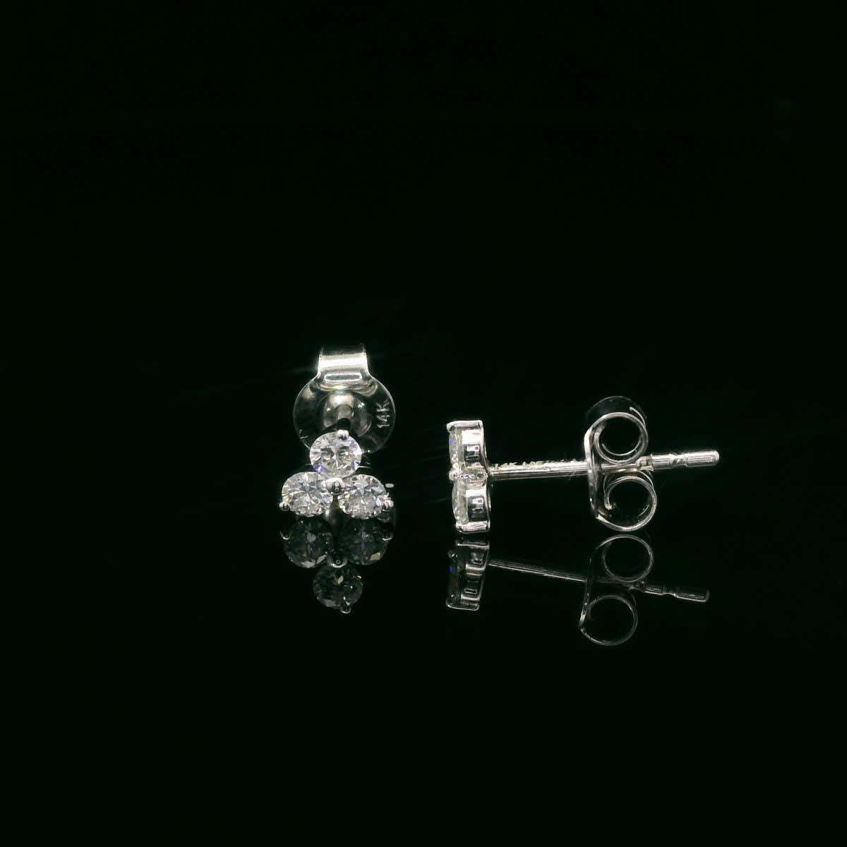 14K Gold - Three Diamonds Triangle Shape Earrings 0.36 Carat