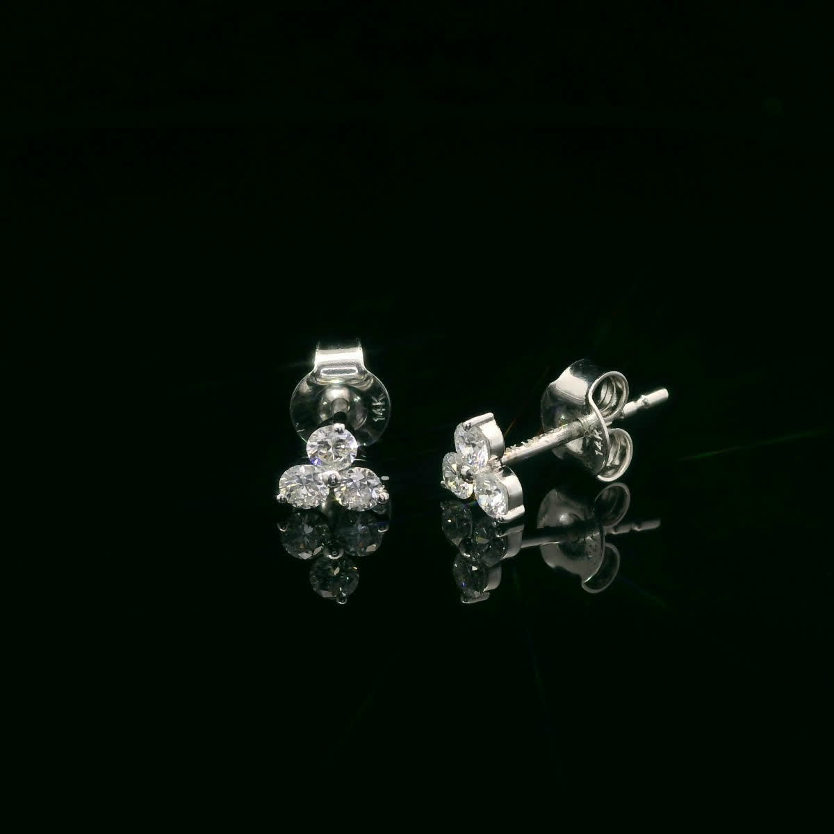 14K Gold - Three Diamonds Triangle Shape Earrings 0.36 Carat